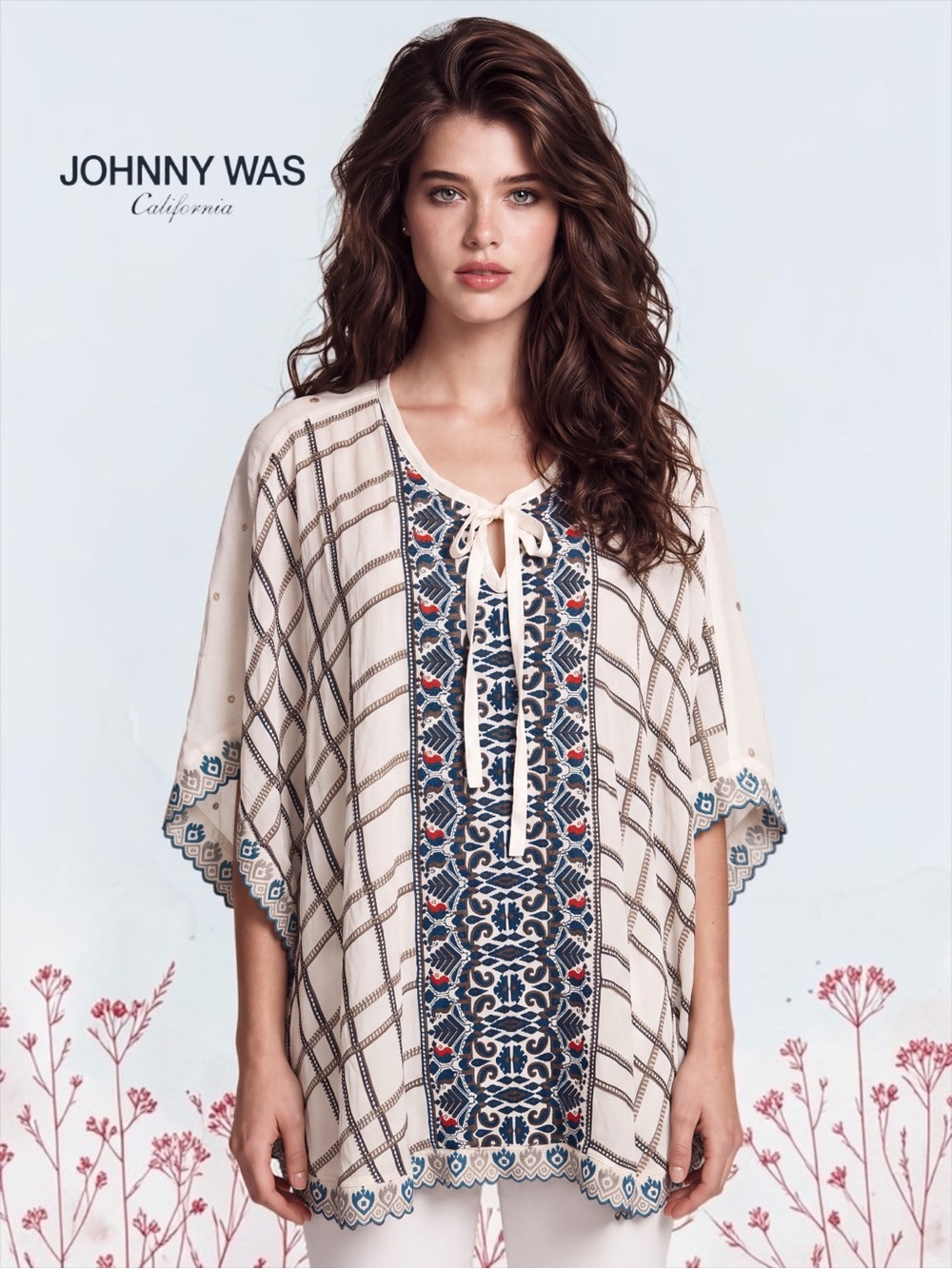 Johnny Was Cherpas Embroidered Poncho Top White / Blue / Red Size Sm